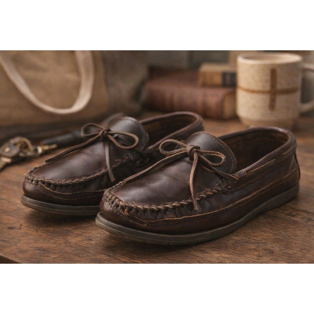 Minnetonka Mens 10 Leather Camp Moccasins Dark Brown Driving Shoes Moc Loafer